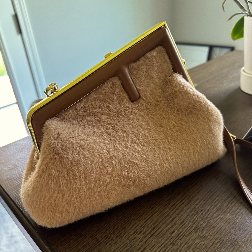 Brown fluffy F purse shoulder bag